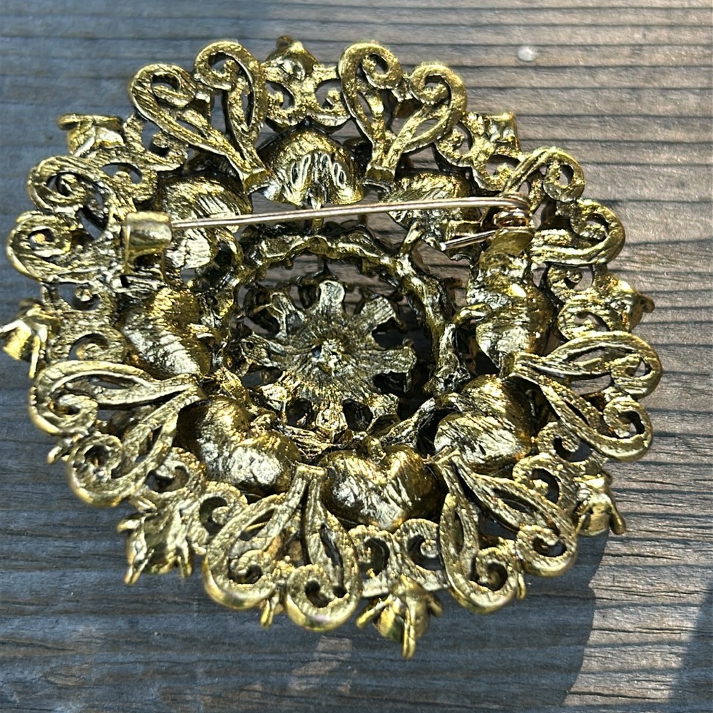 Aurora Borealis Gold, Blue and Green Statement glass Rhinestone Brooch - Picture 5 of 8